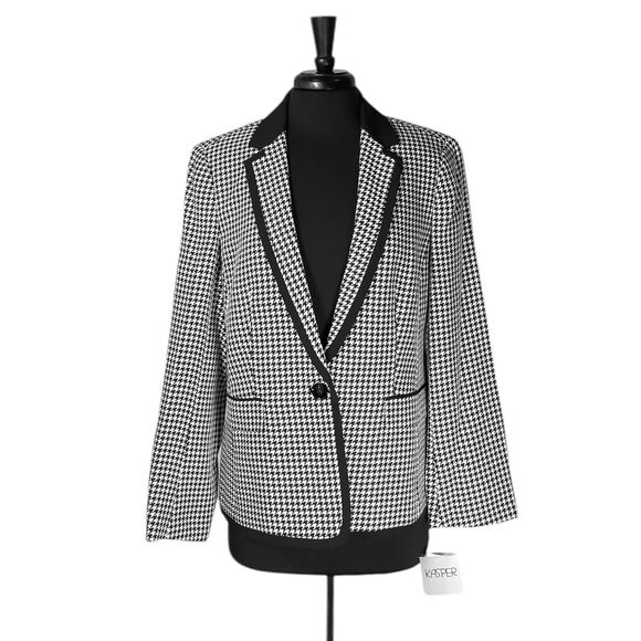 Kasper Women's Blazer Black White Houndstooth Check Career Suit Jacket 14 NWT - Picture 1 of 9